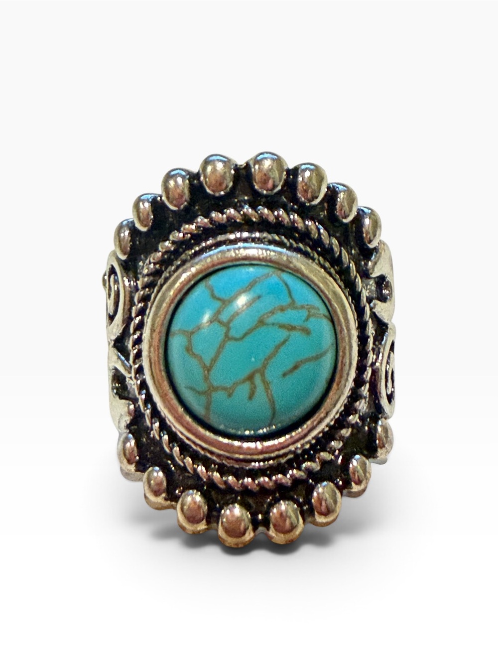 Turquoise Color Stretch Ring Silver Tone Western Boho Southwestern Statement 9 - Picture 6 of 12